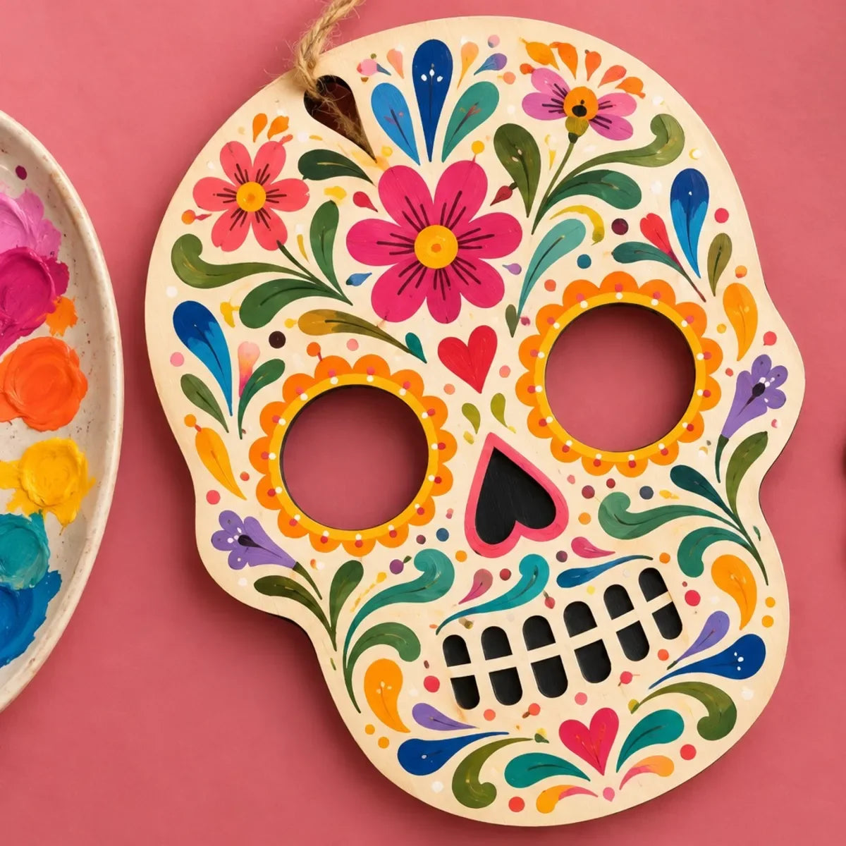 Calaverita de madera pintada a mano con flores de colores, junto a una paleta de pinturas